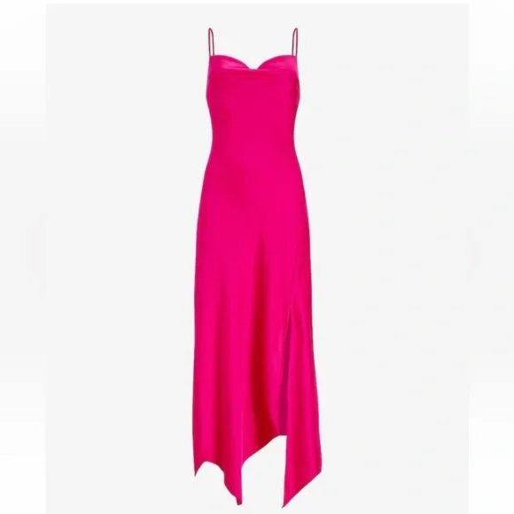 EXPRESS Satin Cowl Neck Asymmetrical Hem Maxi Slip HOT PINK Dress - Picture 2 of 4